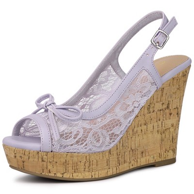 Allegra K Women's Casual Wood Platform Heels Bow Lace Wedge Sandals