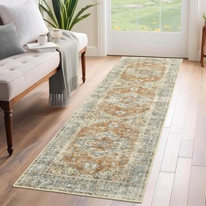 Vintage Washable Area Rugs, Low Pile Soft Carpet with Distressed Trellis Pattern, Foldable Thin Indoor Accent Rug for Living Room Bedroom Dining Room - 1 of 4