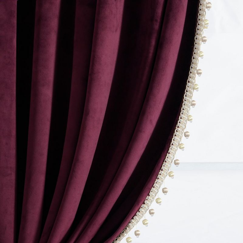 Luxury Vintage Velvet With Silky Pompom Trim Light Filtering Window Curtain Panel Plum Single 52X84, 1 of 6