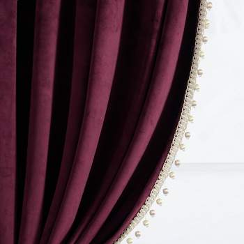 Luxury Vintage Velvet With Silky Pompom Trim Light Filtering Window Curtain Panel Plum Single 52X84