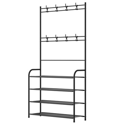 NewHome "Entryway Coat Rack & Shoe Storage Shelf - 4-Tier Freestanding Hall Tree Garment Hanger Organizer" Black