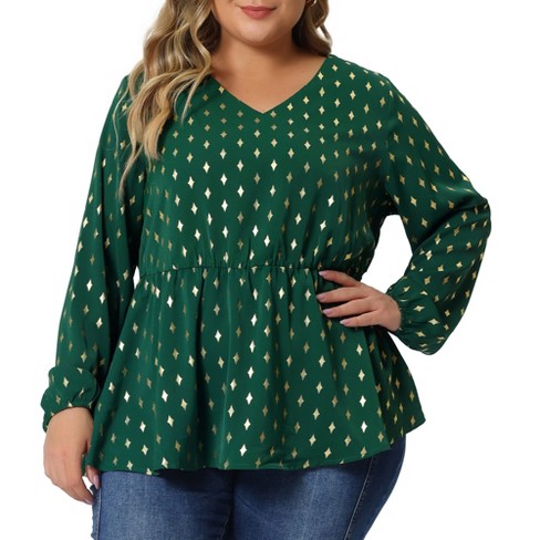 Agnes Orinda Women's Plus Size gorgeous Gold Geometric Print Elastic Waist  Blouse Dark Green 4x : Target