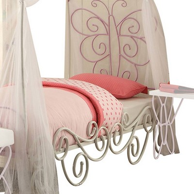 Priya II White and Light Purple Twin Canopy Bed with Butterfly Headboard