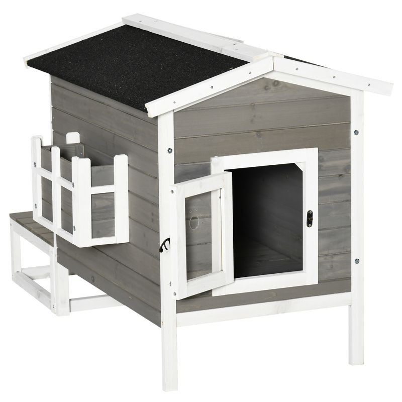 PawHut Wooden Wooden Cat House Feral Cat Shelter Kitten Condo with Escape Door, Porch and Flower Stand - Dark Gray/White, 4 of 9
