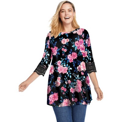 Woman Within Plus Size Crochet-Trim Three-Quarter Sleeve Tunic