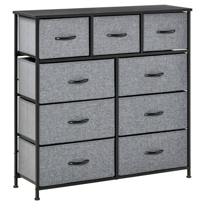 Image of HOMCOM 9 Drawers Storage Chest Dresser Organizer Unit w/ Steel Frame, Wood Top, Easy Pull Fabric Bins, for Bedroom, Hallway, Closet, Black & Gray