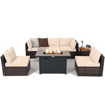 Tangkula 7PCS Patio Rattan Furniture Set Fire Pit Table Cover Cushion Beige