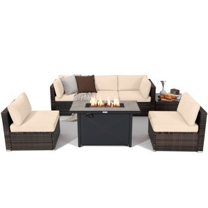 Tangkula 7PCS Patio Rattan Furniture Set Fire Pit Table Cover Cushion Beige - 1 of 4