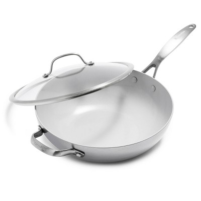 Greenpan Venice Pro Tri-Ply Stainless Steel Ceramic Non Stick 12" Wok with Helper Handle & Lid Vibrant Silver