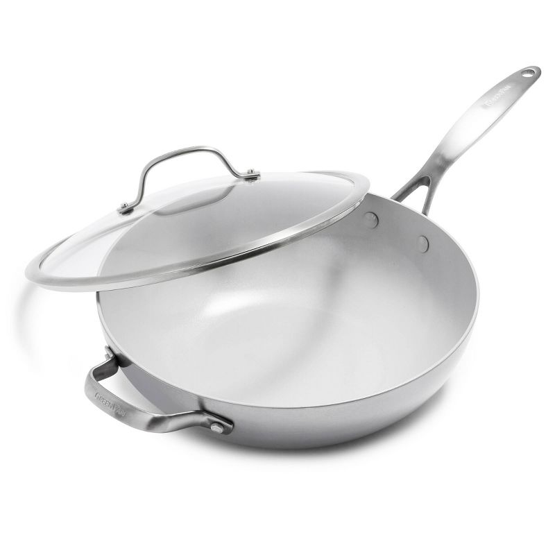 Greenpan Venice Pro Tri-Ply Stainless Steel Ceramic Non Stick 12&#34; Wok with Helper Handle &#38; Lid Vibrant Silver, 1 of 11