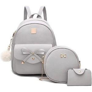3-Pieces Girls Bowknot Fahsion Leather Backpack Backpack Purse for Women Rucksack - 1 of 4