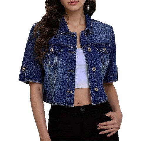 Женская куртка YesFashion Cropped Short Sleeve Denim Jacket Elastane Lapel Single Breasted Jean Outerwear, L, Dark blue, цвет: Джинсовый