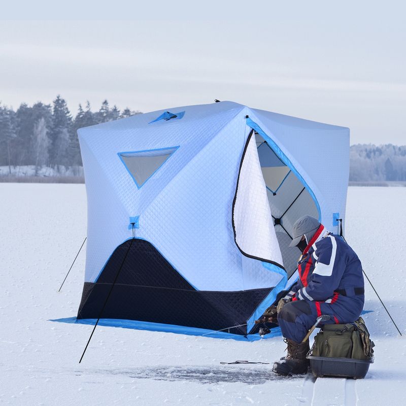 Outsunny 4 Person Ice Fishing Shelter with Padded Walls, Thermal Waterproof Portable Pop Up Ice Tent with 2 Doors, Light Blue, 2 of 9