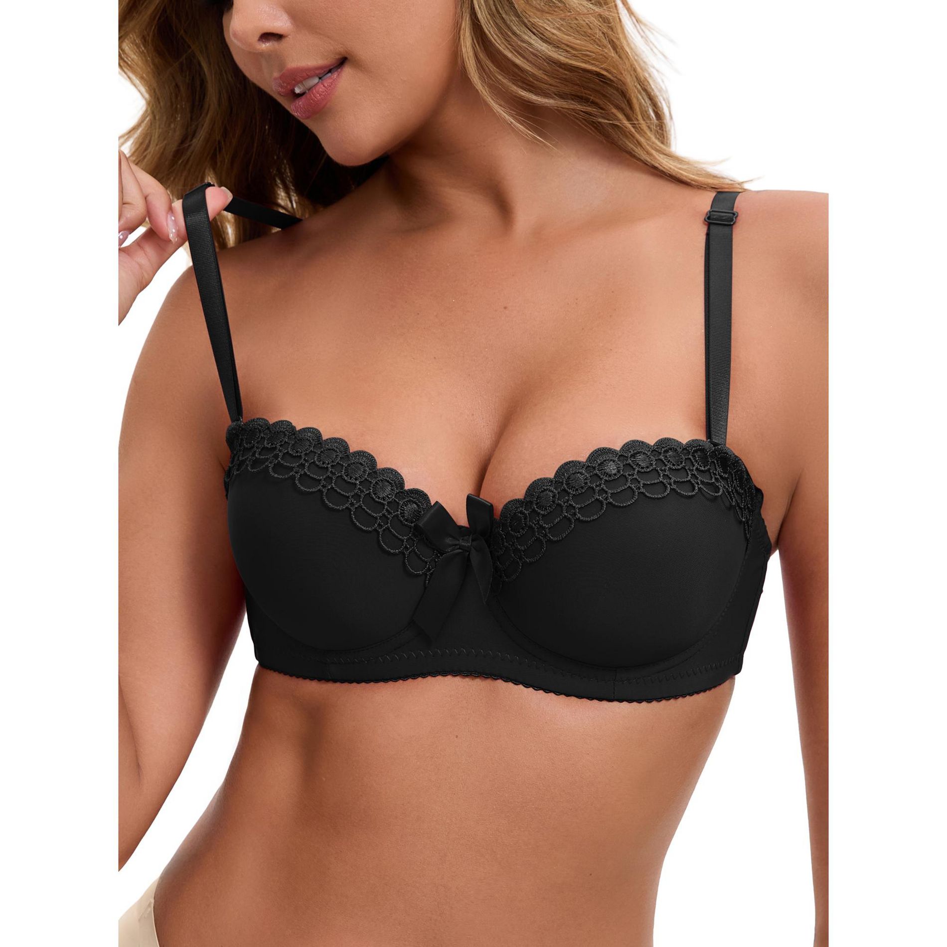 INSPIRE CHIC Women's Convertible Bra Half Cup French Underwire Maximizer Push Up Bow Decoration Lingerie Medium Black