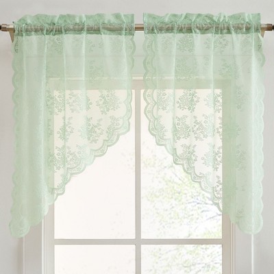 HLC.ME Jolene Floral Rod Pocket Lace Short Cafe Swags for Small Windows, Kitchens, and Basement Windows - Set of 2