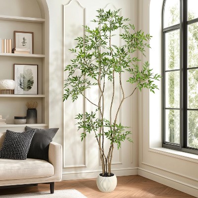 Artificial Plants Indoor, Tall Faux Floor Plant in Pot, Nandina Artificial Tree with Grey Planter for Home Decor Office Living Room