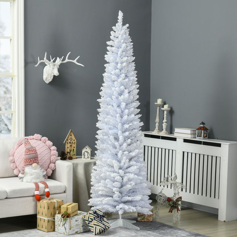 HOMCOM 7 FT Snow Flocked Artificial Pencil Christmas Tree, Slim Xmas Tree with Realistic Branches and Plastic Base Stand for Indoor Decoration, 2 of 7