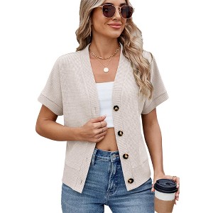 Womens Summer Tops Waffleknit Button Down Shirts Casual V Neck Short Sleeve Shacket Jacket Dressy Blouses - 1 of 4