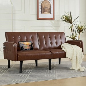 TYBOATLE 65" Convertible Faux Leather Futon Sofa Bed, Modern Upholstered Couch with USB, Folding Loveseat for Small Space, Apartment, Dorm, Office - 1 of 4