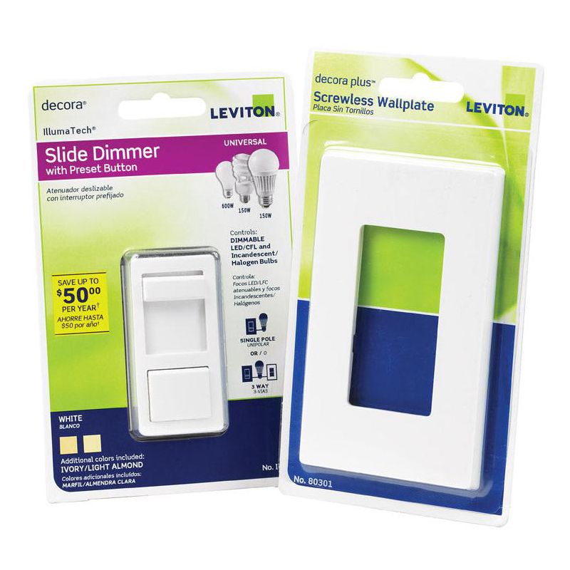 Leviton IllumaTech White 600 W Slide Dimmer Switch 1 pk, 2 of 5