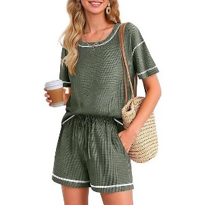 Ekouaer Women's Waffle Knit Two Piece Lounge Set, Soft Matching Outfits for Daily Wear, Casual Shorts Set with Pocket - 1 of 4