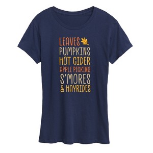 Women's - Instant Message - Fall Bucket List Leaves, Pumpkins, Hot Cider Short Sleeve Graphic T-Shirt - 1 of 4
