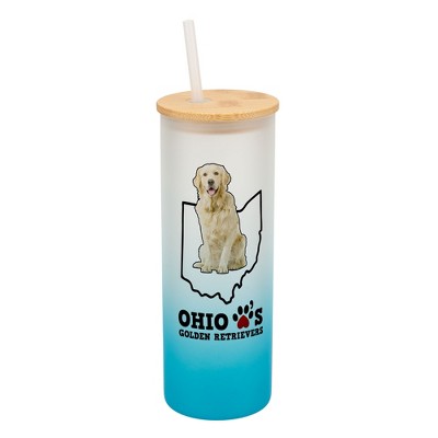 Elanze Designs The Buckeye State Ohio Loves Golden Retrievers Sky Blue and White Ombre Frosted Glass Travel Tumbler with Straw and Wooden Lid, 25