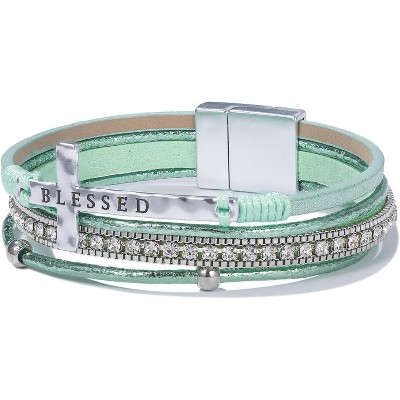 Cross Leather Bracelet with Magnetic Clasp, Christian Religious Boho Wrap Cuff Bangle for Women