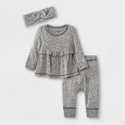 Image of Baby Girls' 3pc Cozy Top & Bottom Set with Headband - Cat & Jack™ Black Heather 0-3M