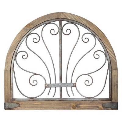 28" x 24" Rustic Arched Wood and Metal Wall Decor Brown - American Art Decor