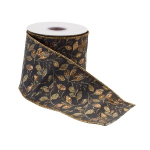 Grey and Gold Leaf Print Wired Ribbon 4" x 5yds - 1 of 3