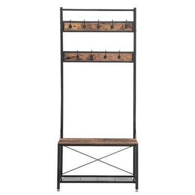 Industrial Wood and Metal Coat Rack with Shoe Bench Black/Brown - Benzara