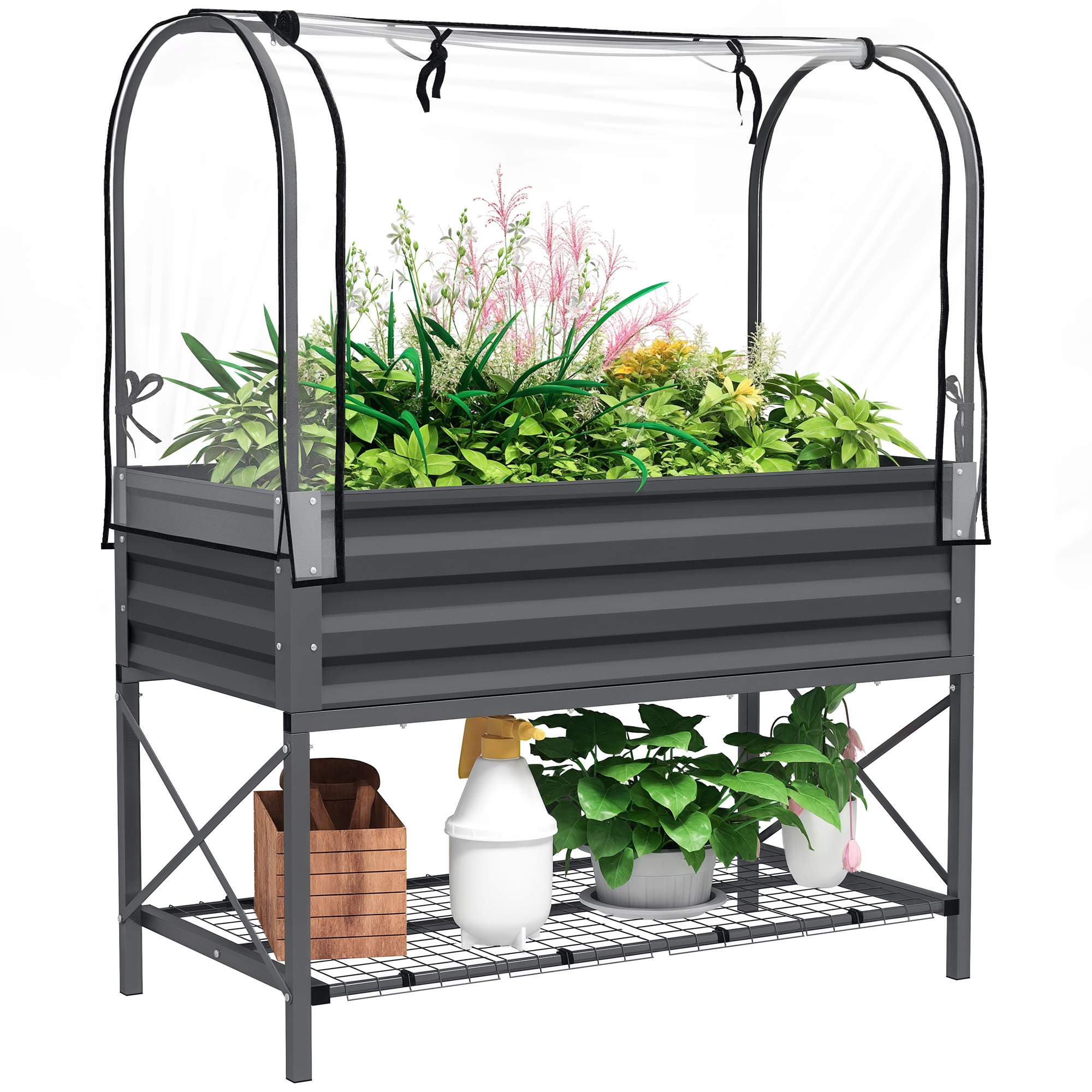 Outsunny Raised Garden Bed with Cover and Storage Shelf, Rectangular Metal Elevated Planter Box with Legs and Bed Liner, Dark Gray