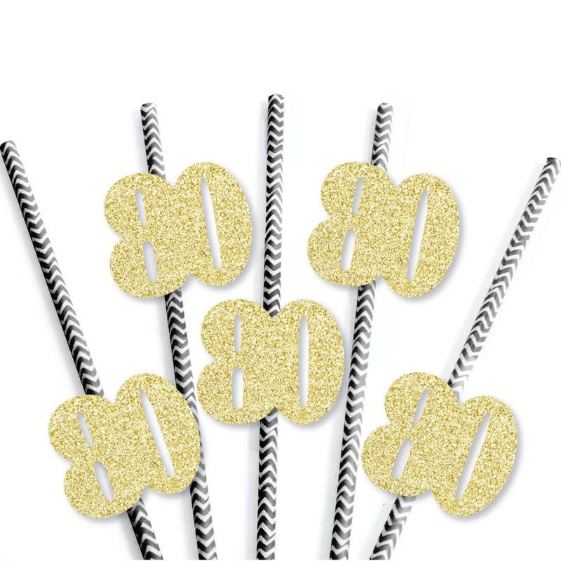 Big Dot of Happiness Gold Glitter 80 Party Straws - No-Mess Real Gold Glitter Cut-Out Numbers & Decorative 80th Birthday Party Paper Straws - 24 Ct, 3 of 8