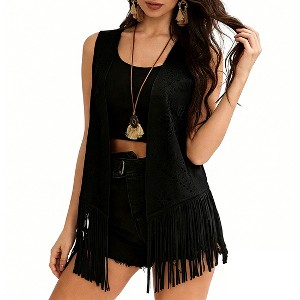Womens V Neck Sleeveless Floral Eyelet Cutout Fringe Hem Open