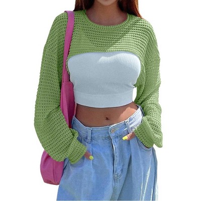Womens Extra Cropped Pullover Sweater Waffle Knit Sweater Crew Neck Sweater Knit Crochet See Through Knit Top Cover Ups