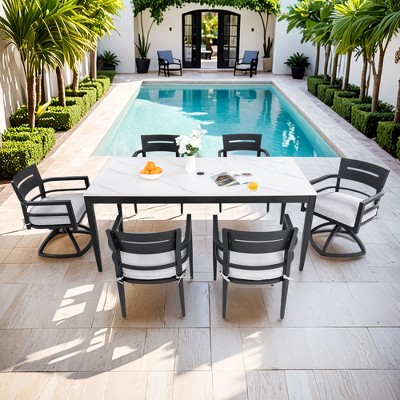 Christopher Knight Home Larry Outdoor 7 Piece Aluminum and Sintered Stone Dining Set with Removable Sunbrella Cushions