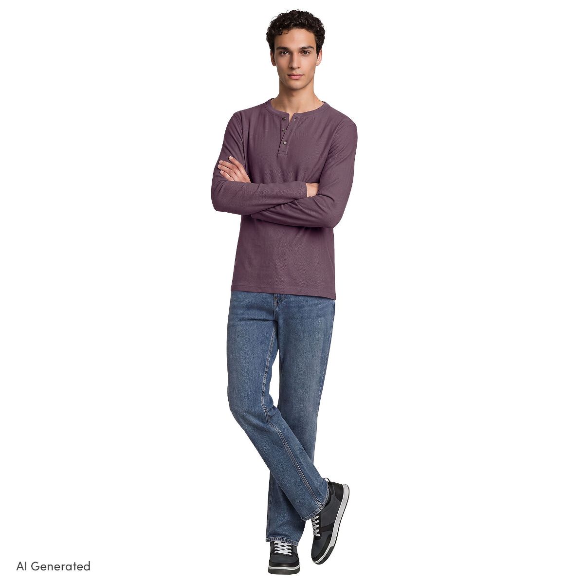 Lands' End Men's Long Sleeve Textured Herringbone Henley - thumbnail 4