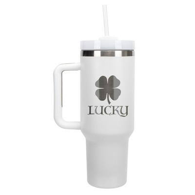 100 North Lucky 4 Leaf Clover Irish St. Patrick's Shamrock Wrap-Around 40 Oz. Stainless Steel Water Bottle Coffee Mug, Spill & Leak Resistant, Travel