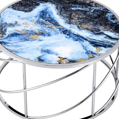 Blue Marble Print and Chrome Round Coffee Table