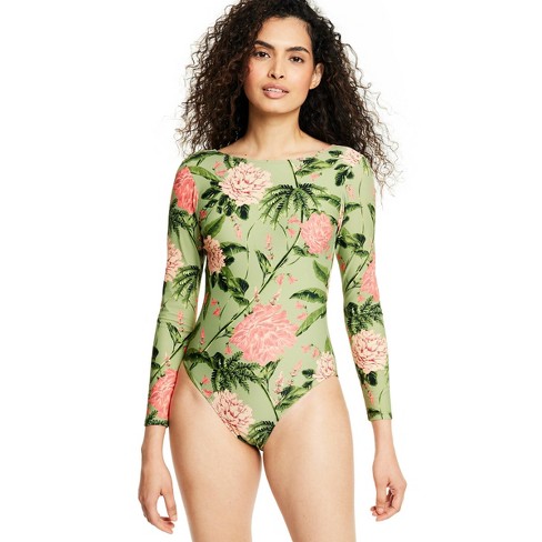 Women's Large Peony Print Long Sleeve Medium Coverage One Piece Swimsuit -  Agua Bendita X Target Olive/blush : Target