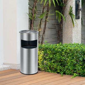4.5 Gallon Commercial Stainless Steel Round Trash Can with Lid and Removable Ashtray, 17L Outdoor Garbage Bin for Office Restaurant - 1 of 4
