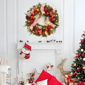 24 Inch Christmas Wreath, Artificial Christmas Wreath for Front Door with Led Lights, Ball Ornaments, Snowflakes and Pinecones for Holiday Party - 1 of 4