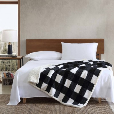 Black and White Plaid Reversible Sherpa Fleece Throw Blanket