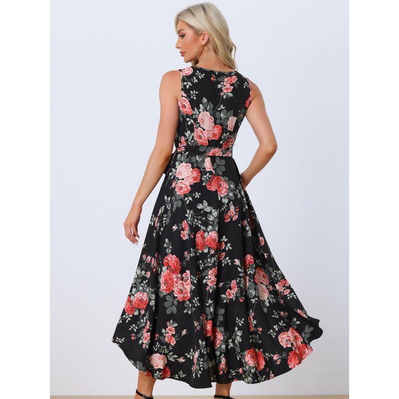 Allegra K Women's Casual V Neck Floral Print Belt Sleeveless Maxi Dress, 3 of 6