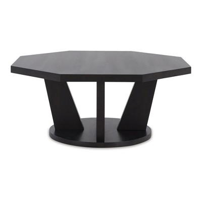 Dark Brown Octagonal Wood Coffee Table with Trapezoid Legs