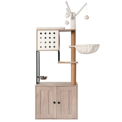 Lirago Gray Cat Tree Condo 23.6x17.7x65.4"-3-in-1 Litter Box and Play Tower