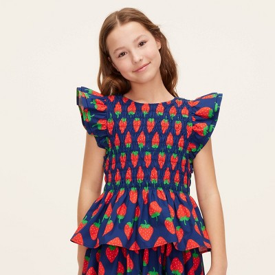 Girls' Strawberry Print Flutter Short Sleeve Smocked Peplum Shirt - kate spade new york x Target Navy/Red