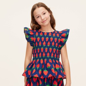 Girls' Strawberry Print Flutter Short Sleeve Smocked Peplum Shirt - kate spade new york x Target Navy/Red - 1 of 4