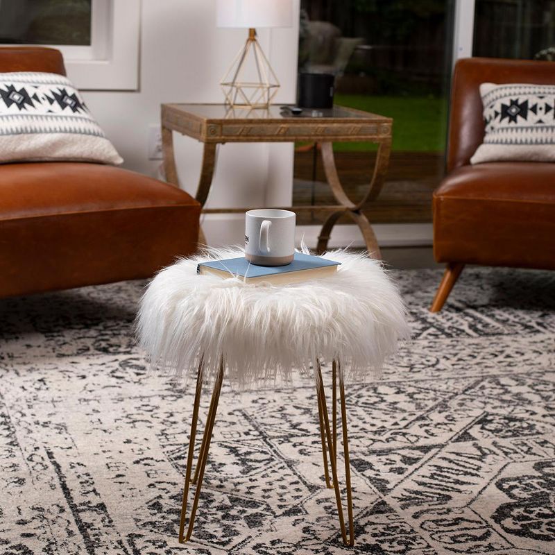 BirdRock Home Round Faux Fur Foot Stool Ottoman - White with Pale Gold Legs, 3 of 4
